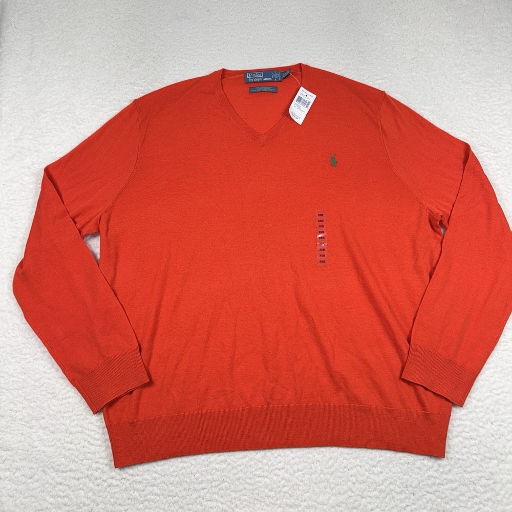 Polo Ralph Lauren Merino Wool V-Neck Sweater 3XB Lightweight Orange New *Flaw